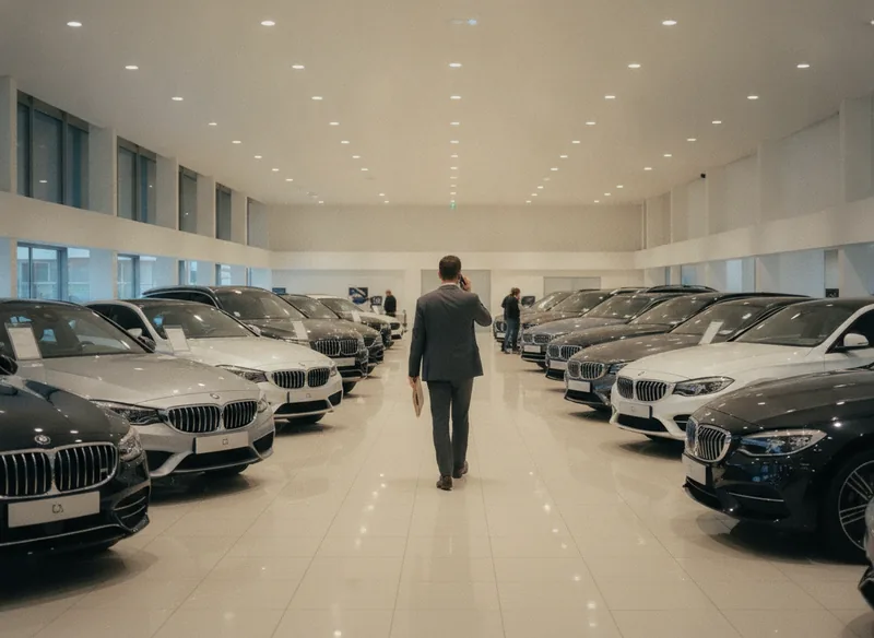 Un chasseur auto compare des véhicules d'occasion dans un showroom