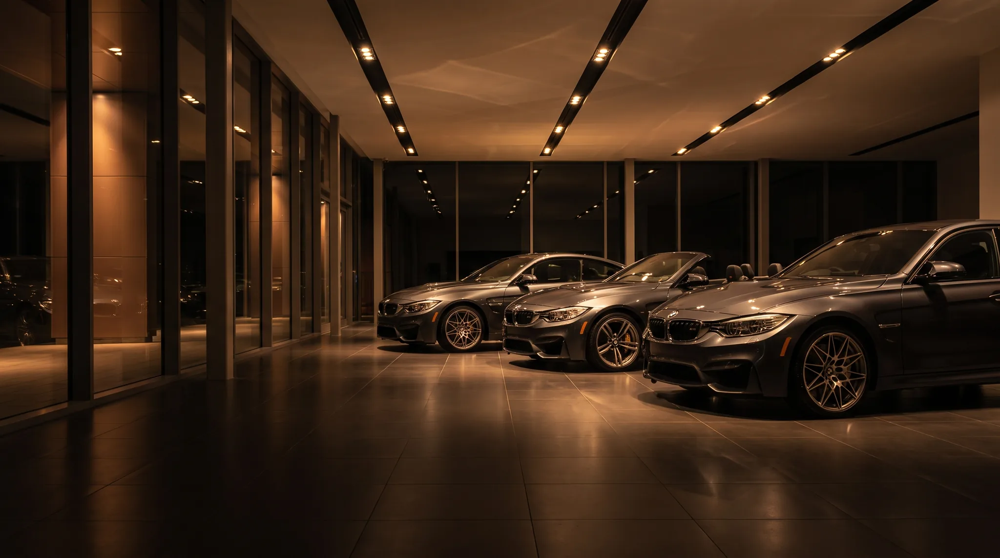 Showroom automobile de nuit, arrière-plan de la frise du déroulement