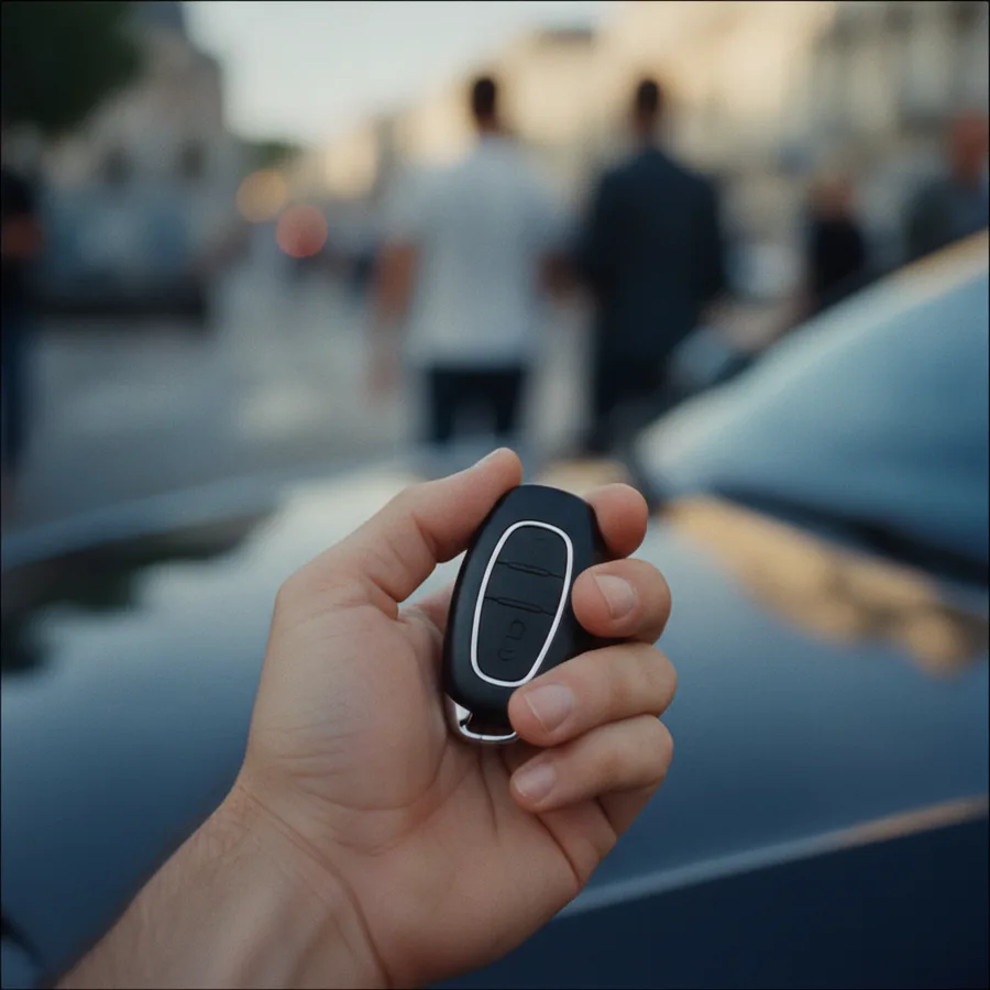 Clé de voiture tenue devant un capot