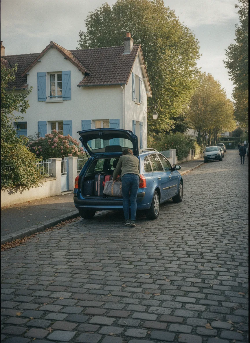 Chargement du coffre d'une voiture devant une maison